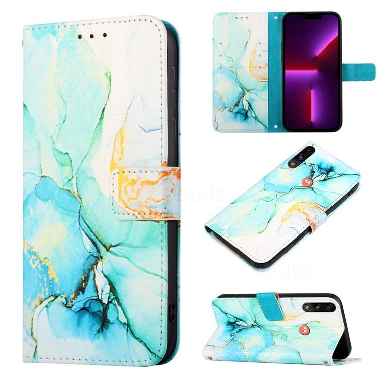 Green Illusion Marble Leather Wallet Protective Case for Motorola Moto E7 Power