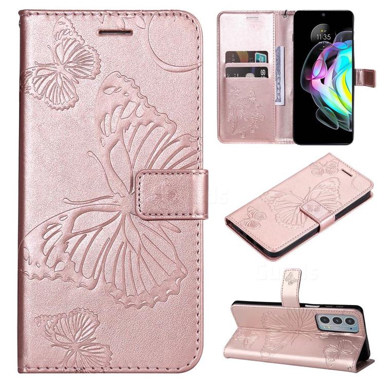 Embossing 3D Butterfly Leather Wallet Case for Motorola Edge 20 - Rose Gold