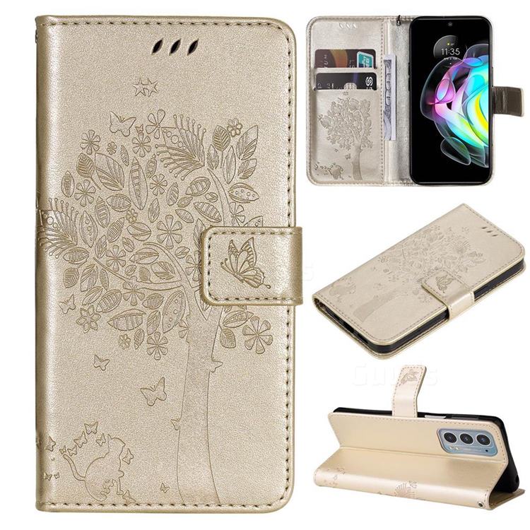 Embossing Butterfly Tree Leather Wallet Case for Motorola Edge 20 - Champagne