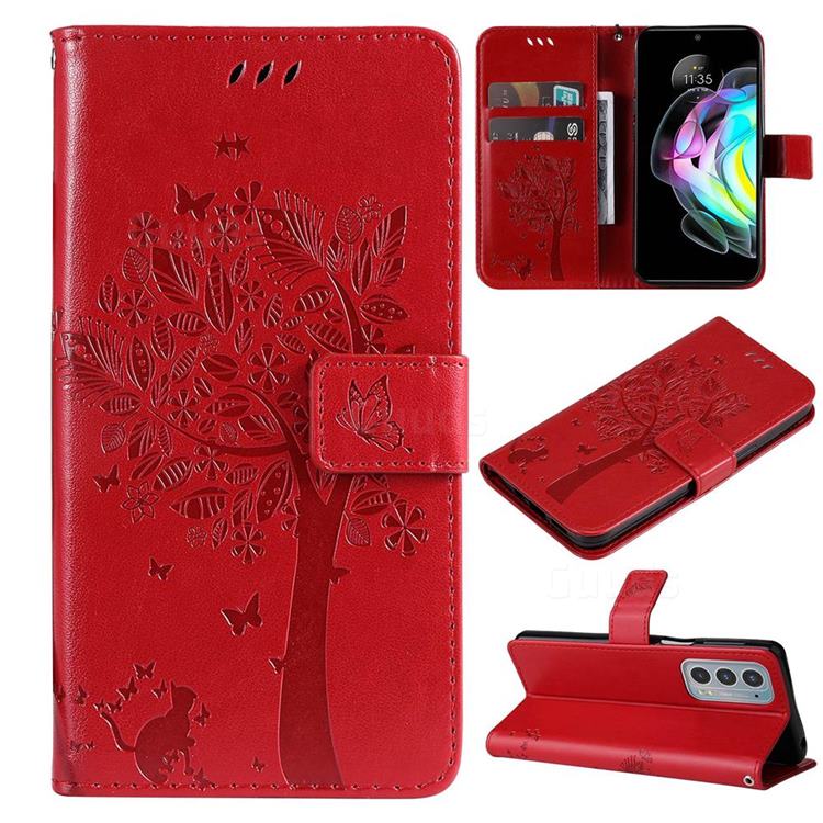 Embossing Butterfly Tree Leather Wallet Case for Motorola Edge 20 - Red