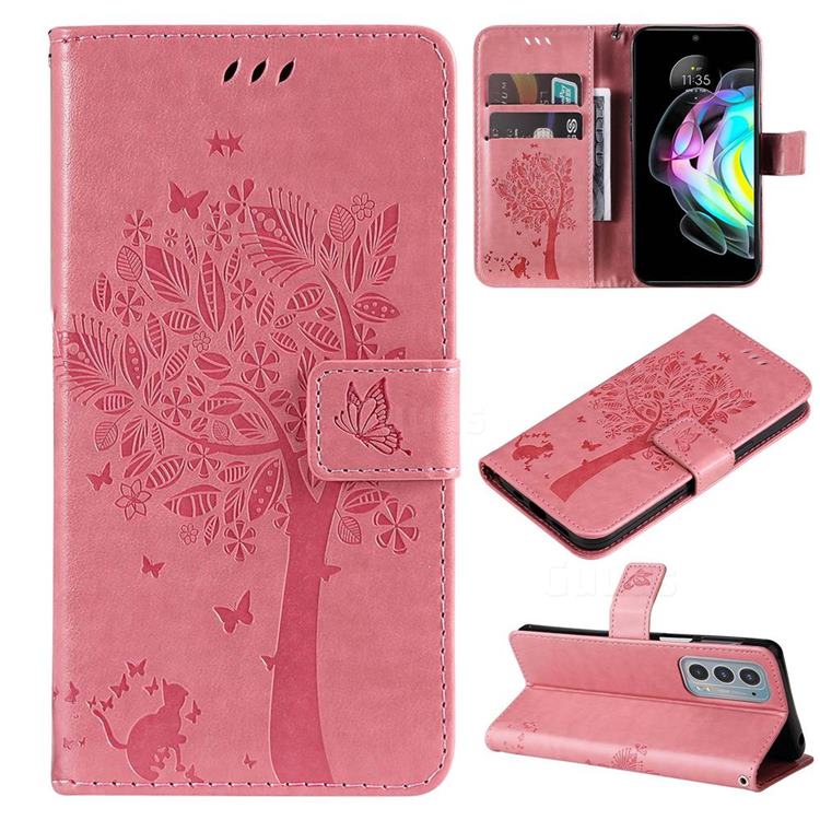 Embossing Butterfly Tree Leather Wallet Case for Motorola Edge 20 - Pink