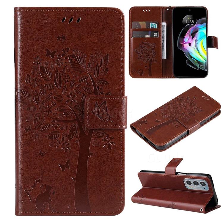 Embossing Butterfly Tree Leather Wallet Case for Motorola Edge 20 - Coffee