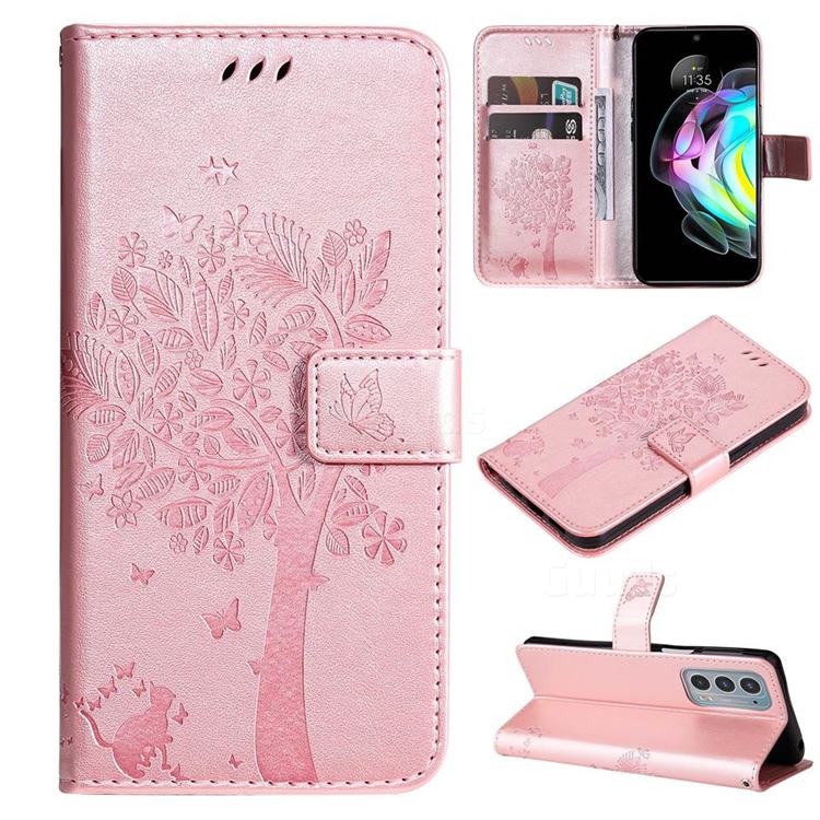 Embossing Butterfly Tree Leather Wallet Case for Motorola Edge 20 - Rose Pink