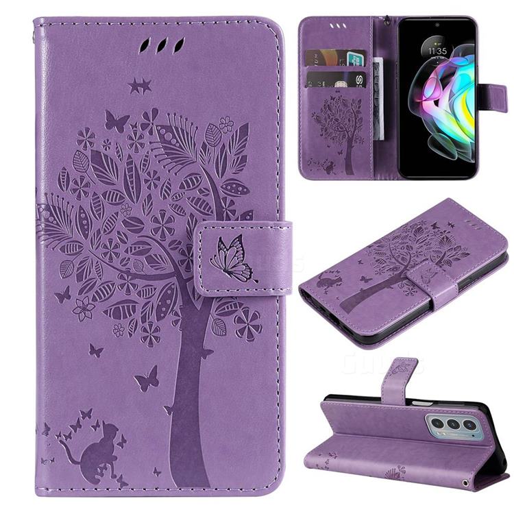 Embossing Butterfly Tree Leather Wallet Case for Motorola Edge 20 - Violet