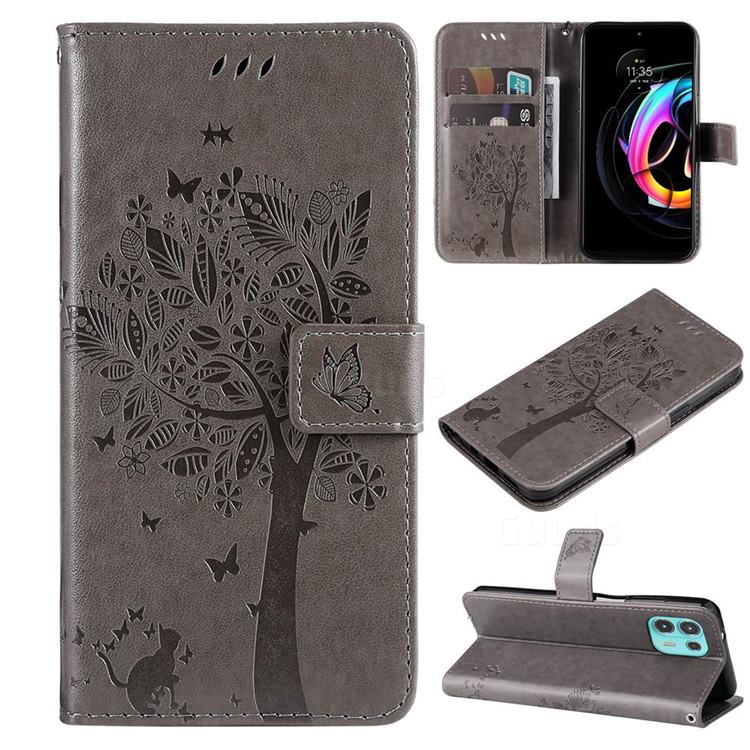 Embossing Butterfly Tree Leather Wallet Case for Motorola Edge 20 Lite - Grey