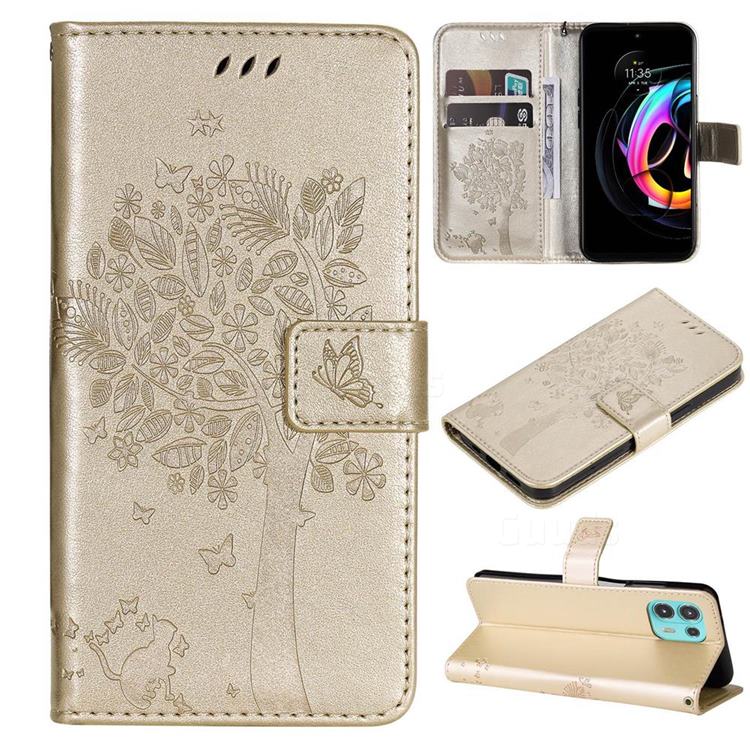 Embossing Butterfly Tree Leather Wallet Case for Motorola Edge 20 Lite - Champagne