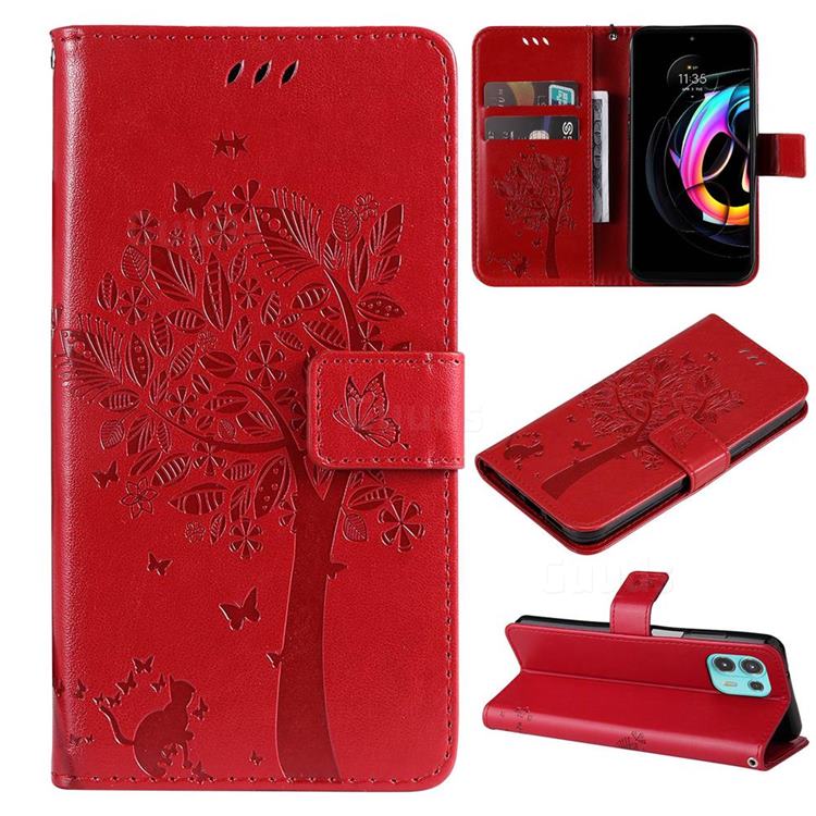 Embossing Butterfly Tree Leather Wallet Case for Motorola Edge 20 Lite - Red