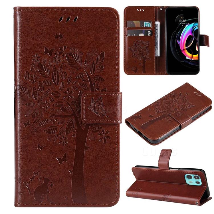 Embossing Butterfly Tree Leather Wallet Case for Motorola Edge 20 Lite - Coffee