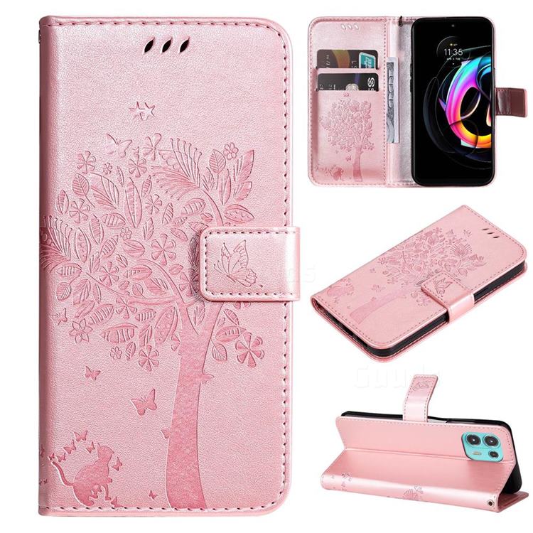 Embossing Butterfly Tree Leather Wallet Case for Motorola Edge 20 Lite - Rose Pink