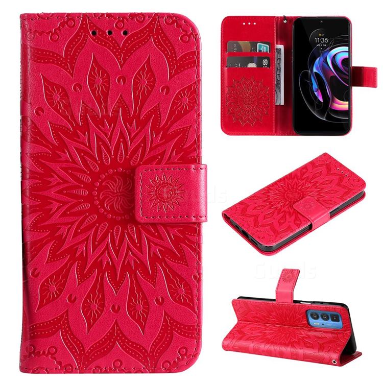 Embossing Sunflower Leather Wallet Case for Motorola Edge 20 Pro - Red