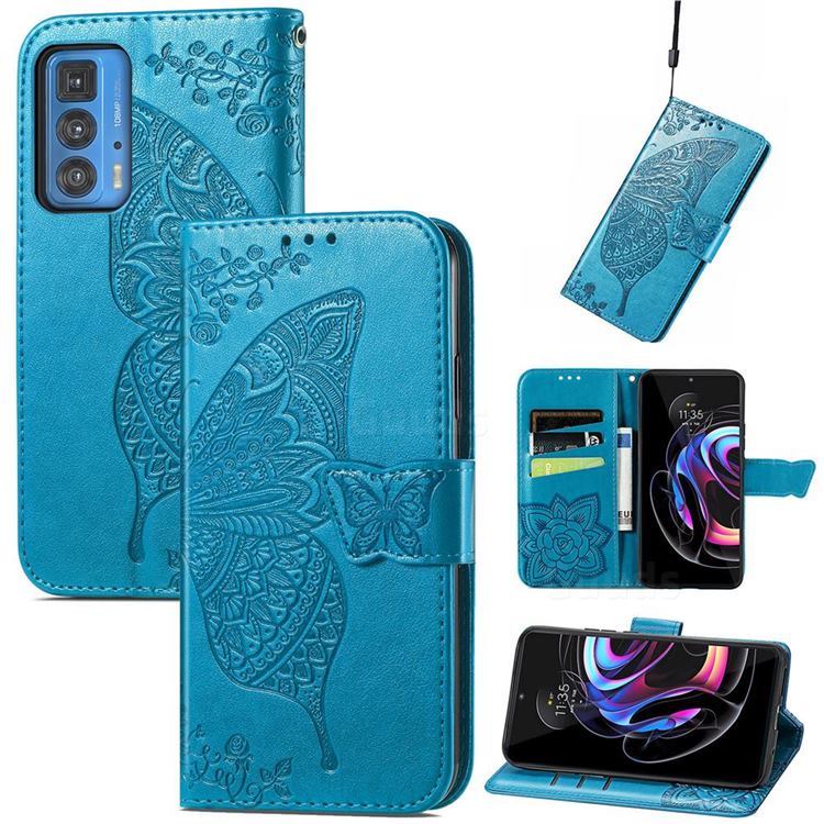 Embossing Mandala Flower Butterfly Leather Wallet Case for Motorola Edge 20 Pro - Blue