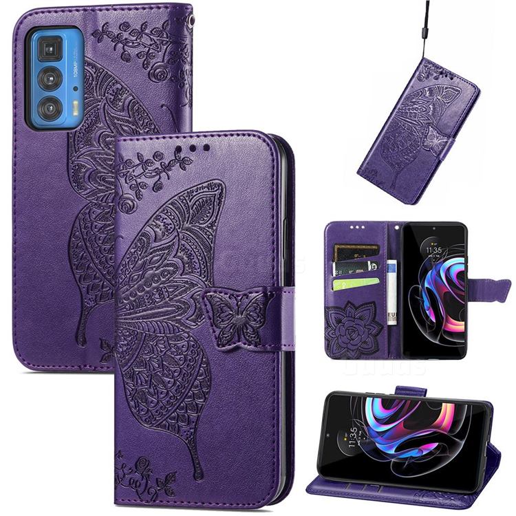 Embossing Mandala Flower Butterfly Leather Wallet Case for Motorola Edge 20 Pro - Dark Purple