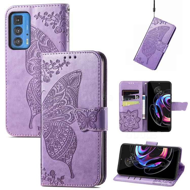 Embossing Mandala Flower Butterfly Leather Wallet Case for Motorola Edge 20 Pro - Light Purple