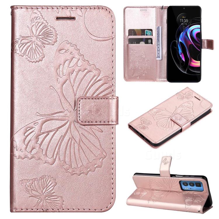 Embossing 3D Butterfly Leather Wallet Case for Motorola Edge 20 Pro - Rose Gold