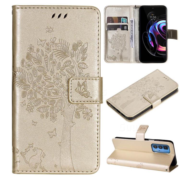 Embossing Butterfly Tree Leather Wallet Case for Motorola Edge 20 Pro - Champagne