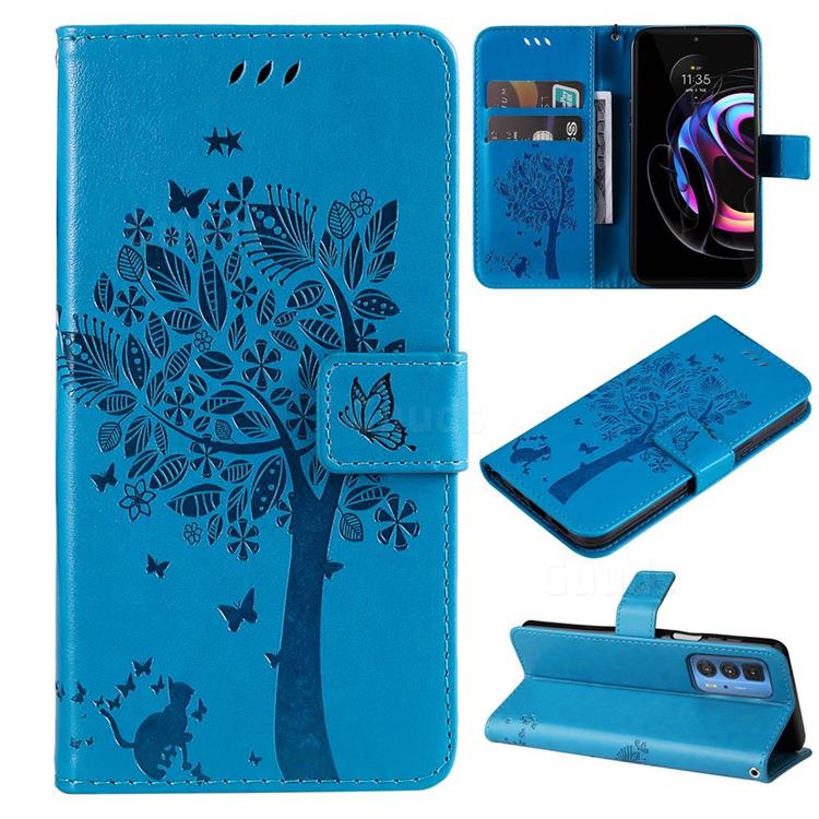Embossing Butterfly Tree Leather Wallet Case for Motorola Edge 20 Pro - Blue
