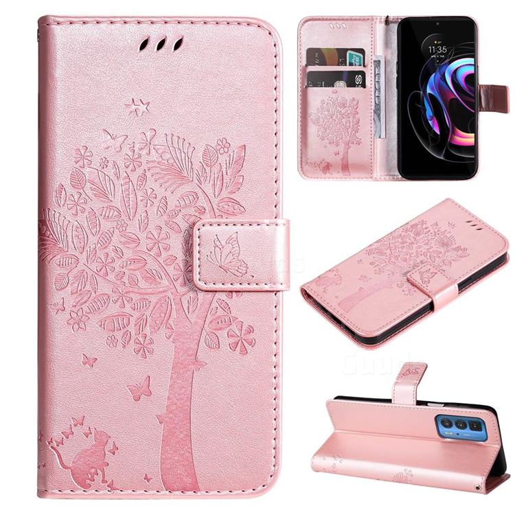 Embossing Butterfly Tree Leather Wallet Case for Motorola Edge 20 Pro - Rose Pink