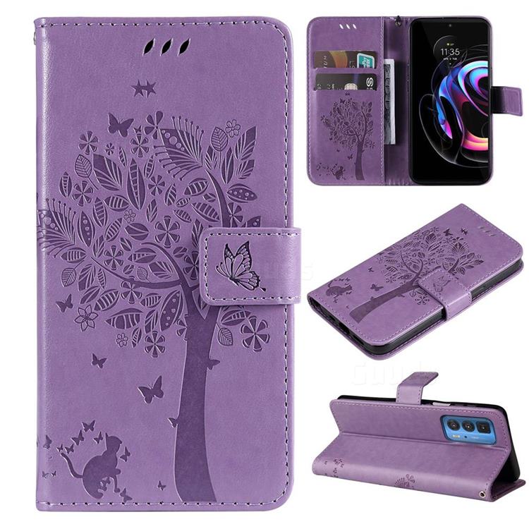 Embossing Butterfly Tree Leather Wallet Case for Motorola Edge 20 Pro - Violet