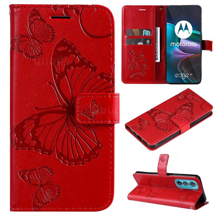 Embossing 3D Butterfly Leather Wallet Case for Motorola Edge 30 - Red
