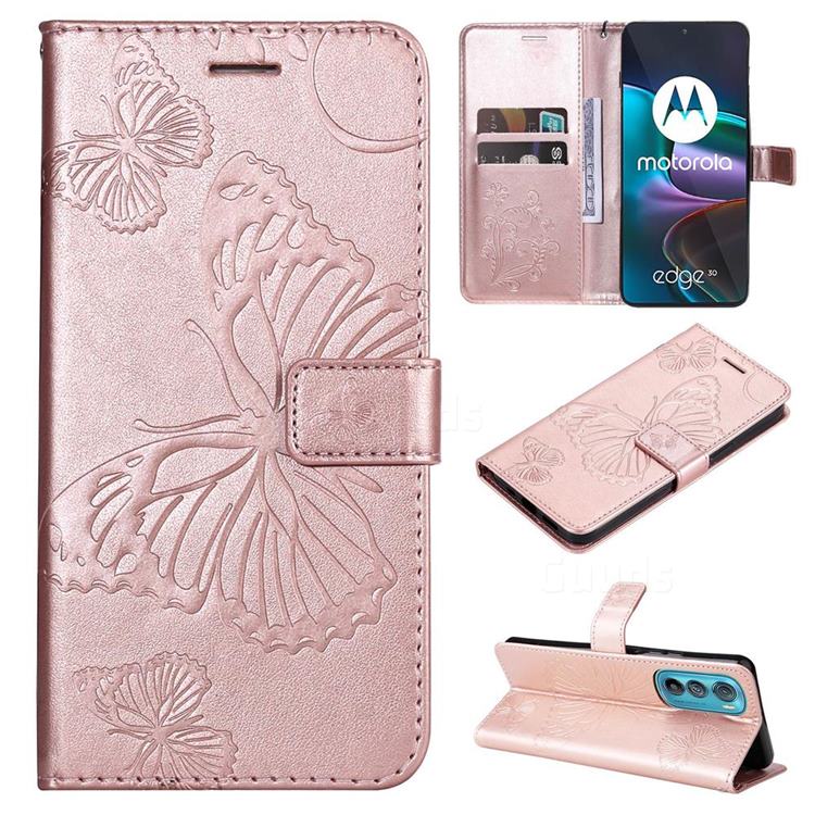 Embossing 3D Butterfly Leather Wallet Case for Motorola Edge 30 - Rose Gold