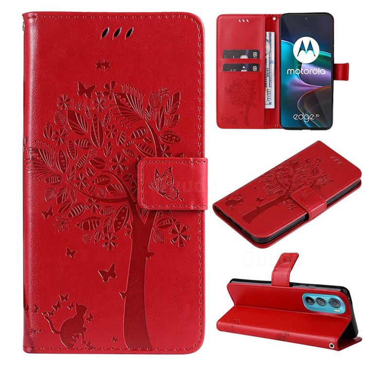 Embossing Butterfly Tree Leather Wallet Case for Motorola Edge 30 - Red