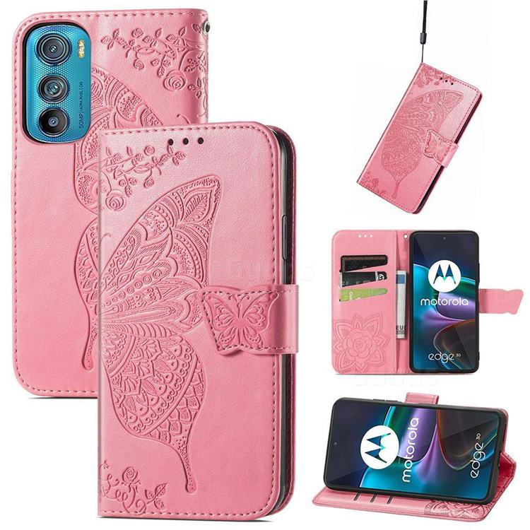 Embossing Mandala Flower Butterfly Leather Wallet Case for Motorola Edge 30 - Pink