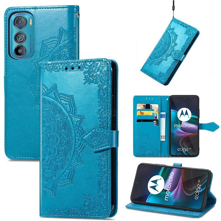 Embossing Imprint Mandala Flower Leather Wallet Case for Motorola Edge 30 - Blue