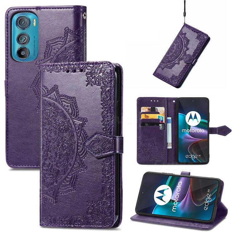 Embossing Imprint Mandala Flower Leather Wallet Case for Motorola Edge 30 - Purple