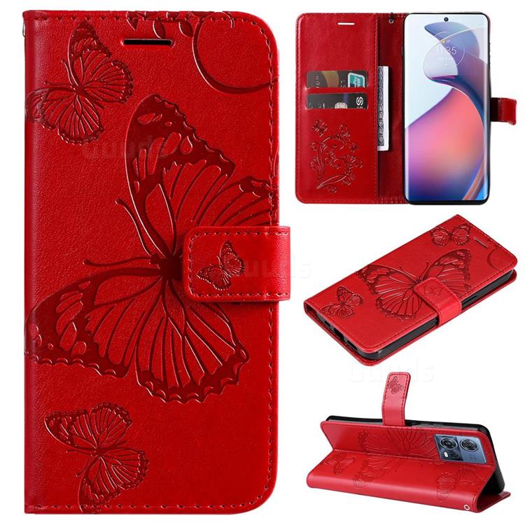Embossing 3D Butterfly Leather Wallet Case for Motorola Edge 30 Fusion - Red