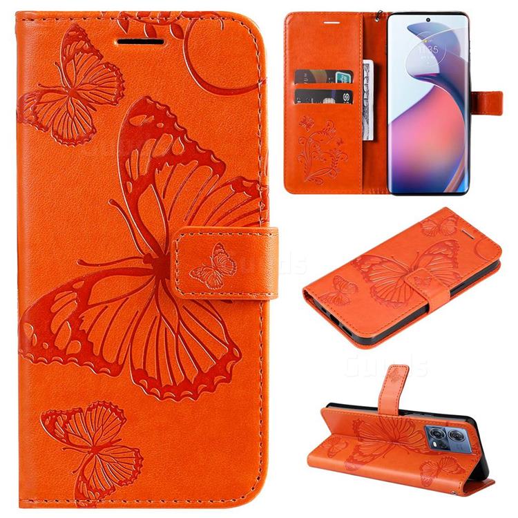 Embossing 3D Butterfly Leather Wallet Case for Motorola Edge 30 Fusion - Orange