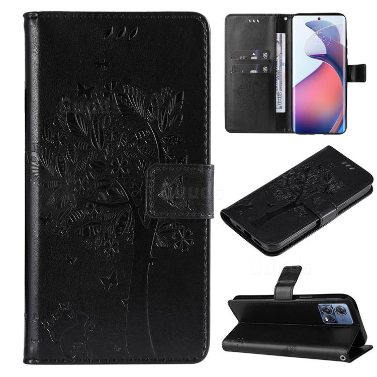 Embossing Butterfly Tree Leather Wallet Case for Motorola Edge 30 Fusion - Black