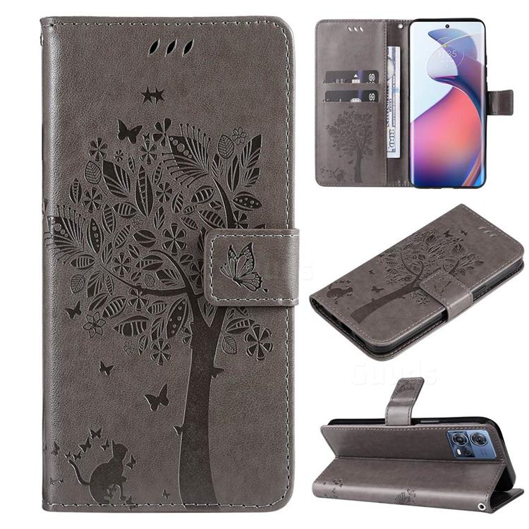 Embossing Butterfly Tree Leather Wallet Case for Motorola Edge 30 Fusion - Grey