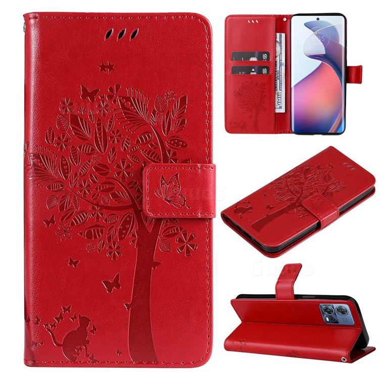 Embossing Butterfly Tree Leather Wallet Case for Motorola Edge 30 Fusion - Red