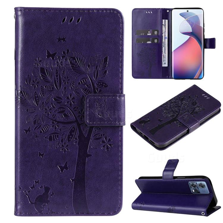 Embossing Butterfly Tree Leather Wallet Case for Motorola Edge 30 Fusion - Purple