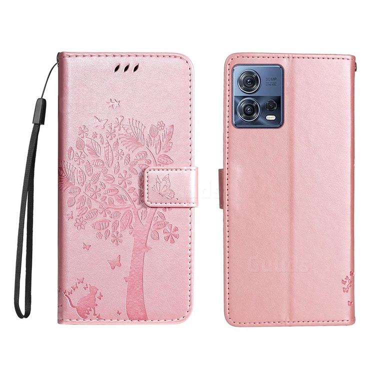 Embossing Butterfly Tree Leather Wallet Case for Motorola Edge 30 Fusion - Rose Pink