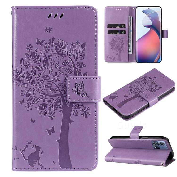 Embossing Butterfly Tree Leather Wallet Case for Motorola Edge 30 Fusion - Violet