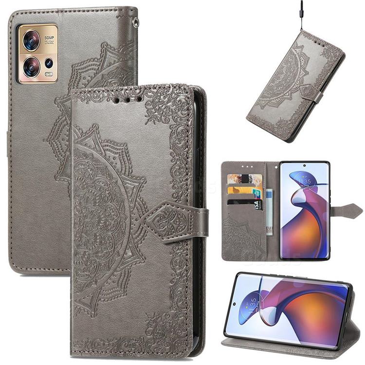 Embossing Imprint Mandala Flower Leather Wallet Case for Motorola Edge 30 Fusion - Gray