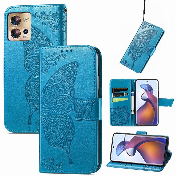 Embossing Mandala Flower Butterfly Leather Wallet Case for Motorola Edge 30 Fusion - Blue