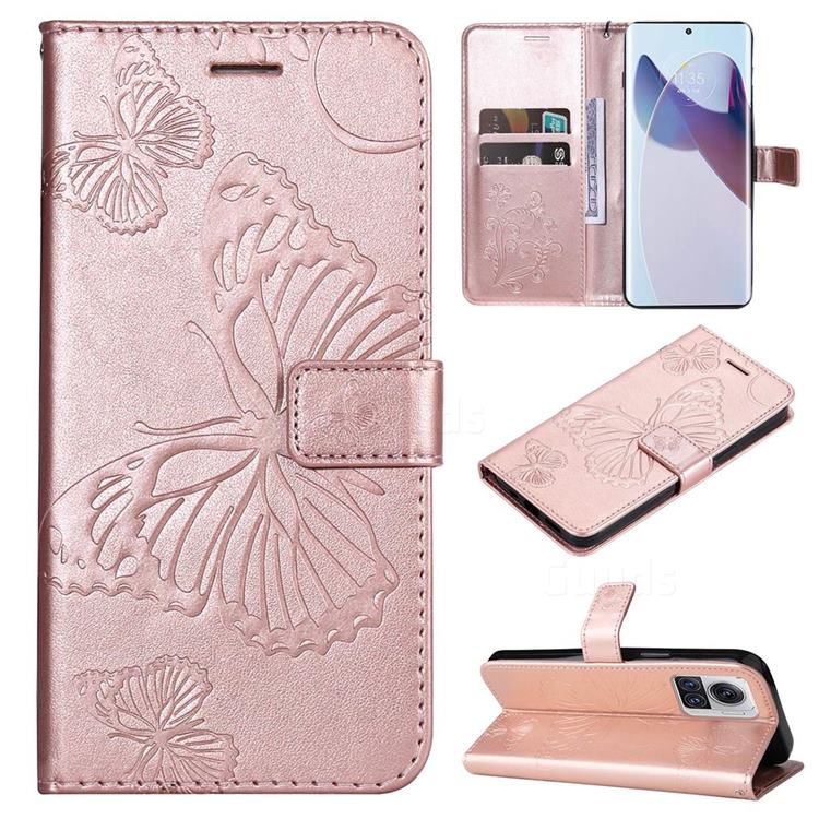 Embossing 3D Butterfly Leather Wallet Case for Motorola Edge 30 Ultra - Rose Gold