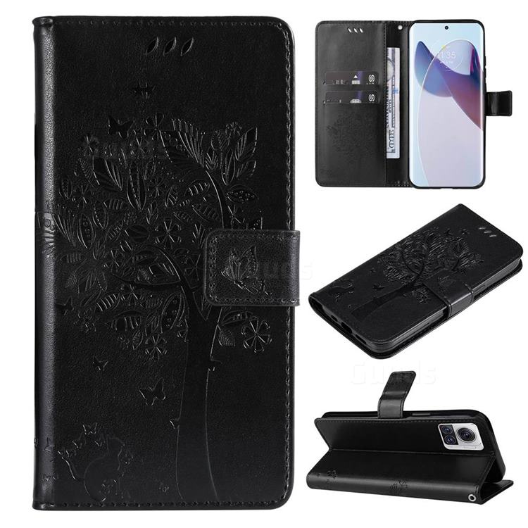 Embossing Butterfly Tree Leather Wallet Case for Motorola Edge 30 Ultra - Black
