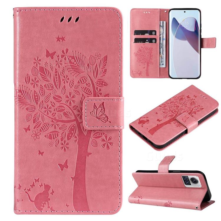 Embossing Butterfly Tree Leather Wallet Case for Motorola Edge 30 Ultra - Pink