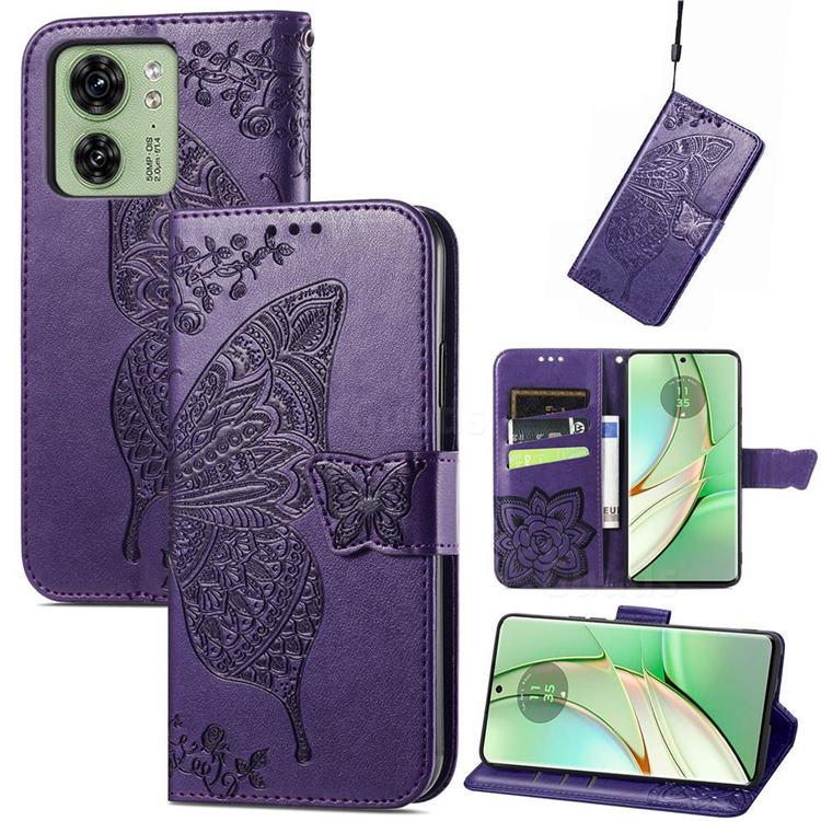 Embossing Mandala Flower Butterfly Leather Wallet Case for Motorola Edge 40 - Dark Purple