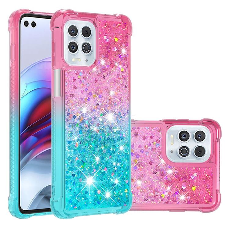 Rainbow Gradient Liquid Glitter Quicksand Sequins Phone Case for Motorola Edge S - Pink Blue