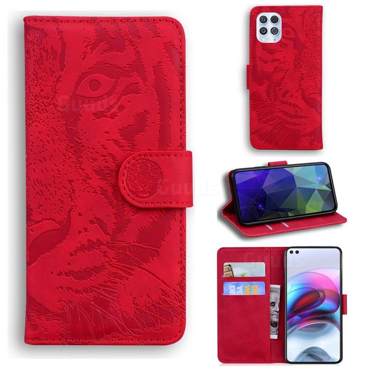 Intricate Embossing Tiger Face Leather Wallet Case for Motorola Edge S - Red
