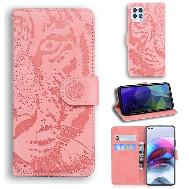Intricate Embossing Tiger Face Leather Wallet Case for Motorola Edge S - Pink