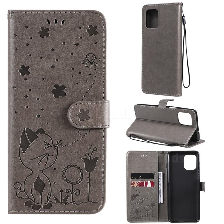 Embossing Bee and Cat Leather Wallet Case for Motorola Edge S - Gray