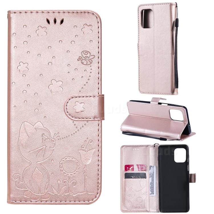 Embossing Bee and Cat Leather Wallet Case for Motorola Edge S - Rose Gold