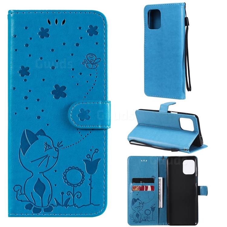Embossing Bee and Cat Leather Wallet Case for Motorola Edge S - Blue