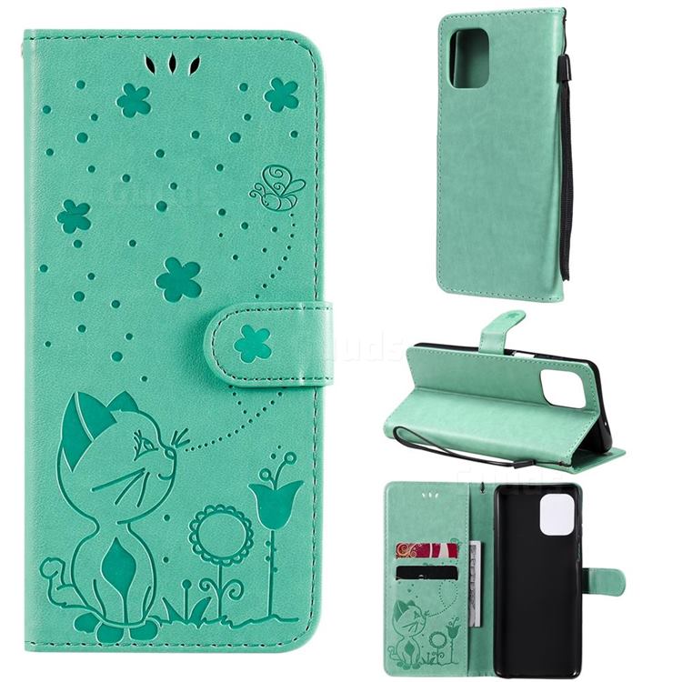 Embossing Bee and Cat Leather Wallet Case for Motorola Edge S - Green