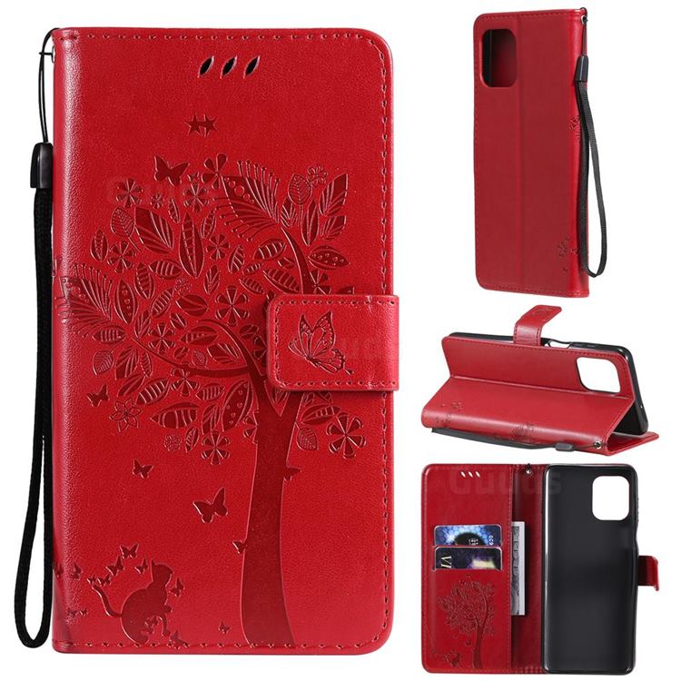 Embossing Butterfly Tree Leather Wallet Case for Motorola Edge S - Red
